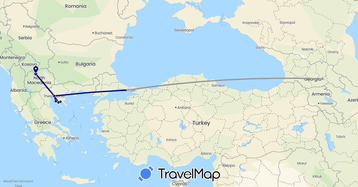 TravelMap itinerary: driving, plane in Georgia, Greece, Macedonia, Turkey (Asia, Europe)